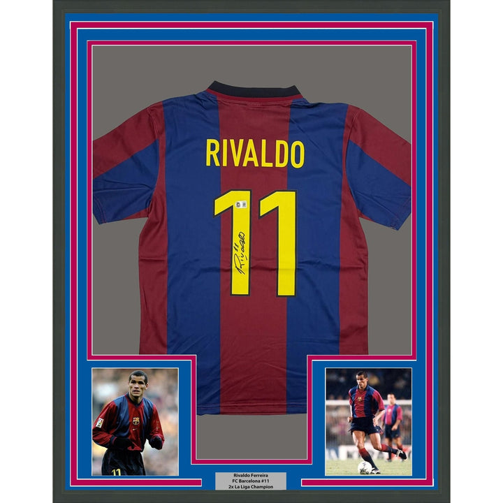 Framed Autographed/Signed Rivaldo Ferreira 35x39 Barcelona Jersey BAS COA