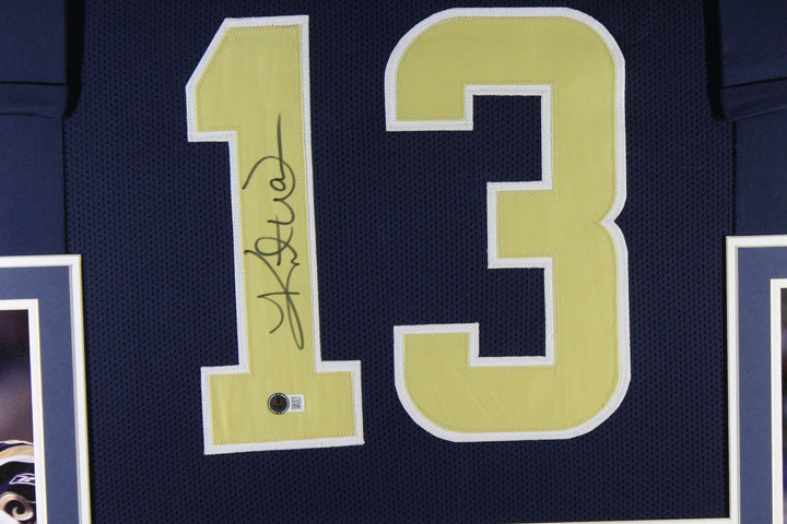 Kurt Warner Autographed Pro Style Blue XL Framed Jersey 35x43 Beckett 51243