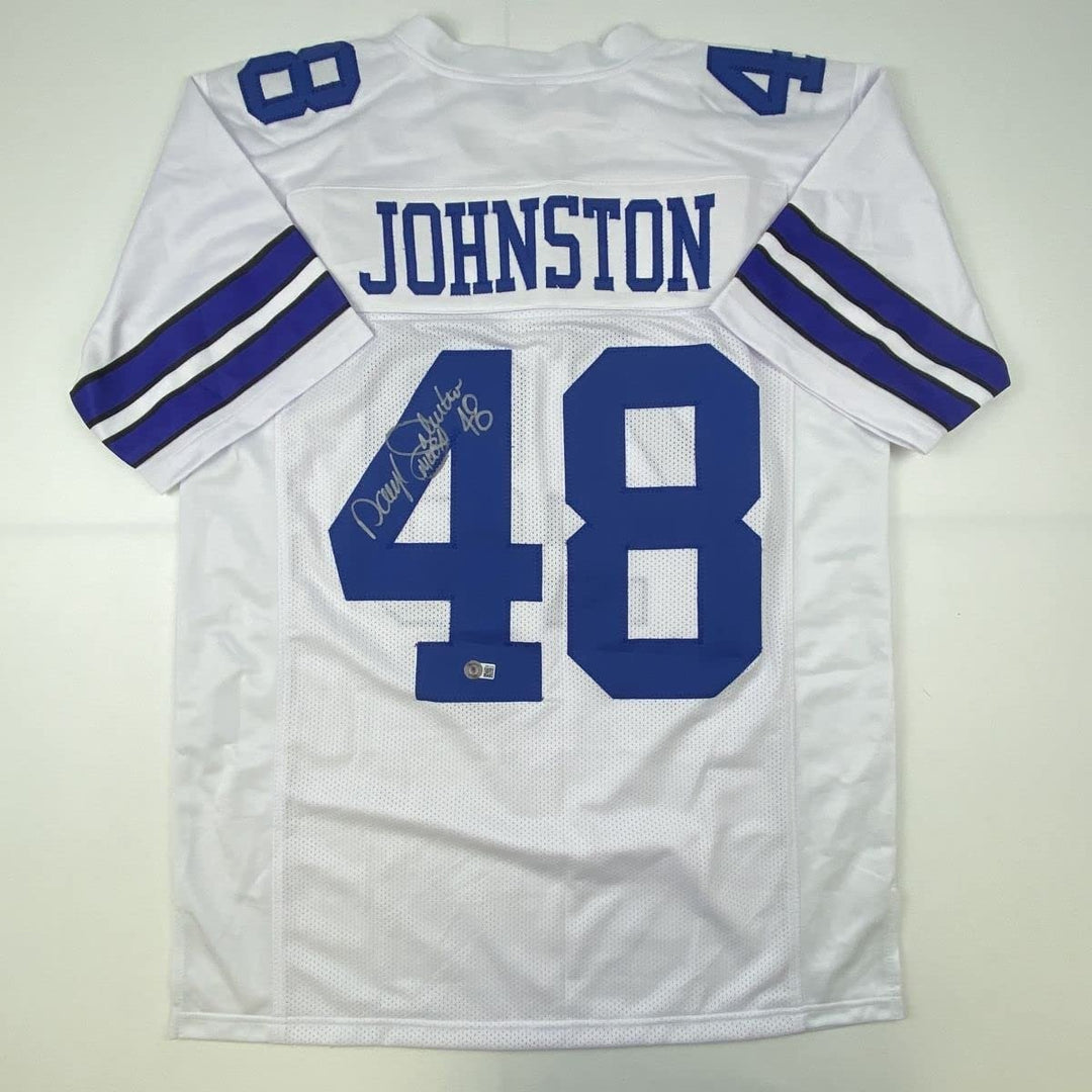 Autographed/Signed DARYL MOOSE JOHNSTON Dallas White Jersey Beckett COA
