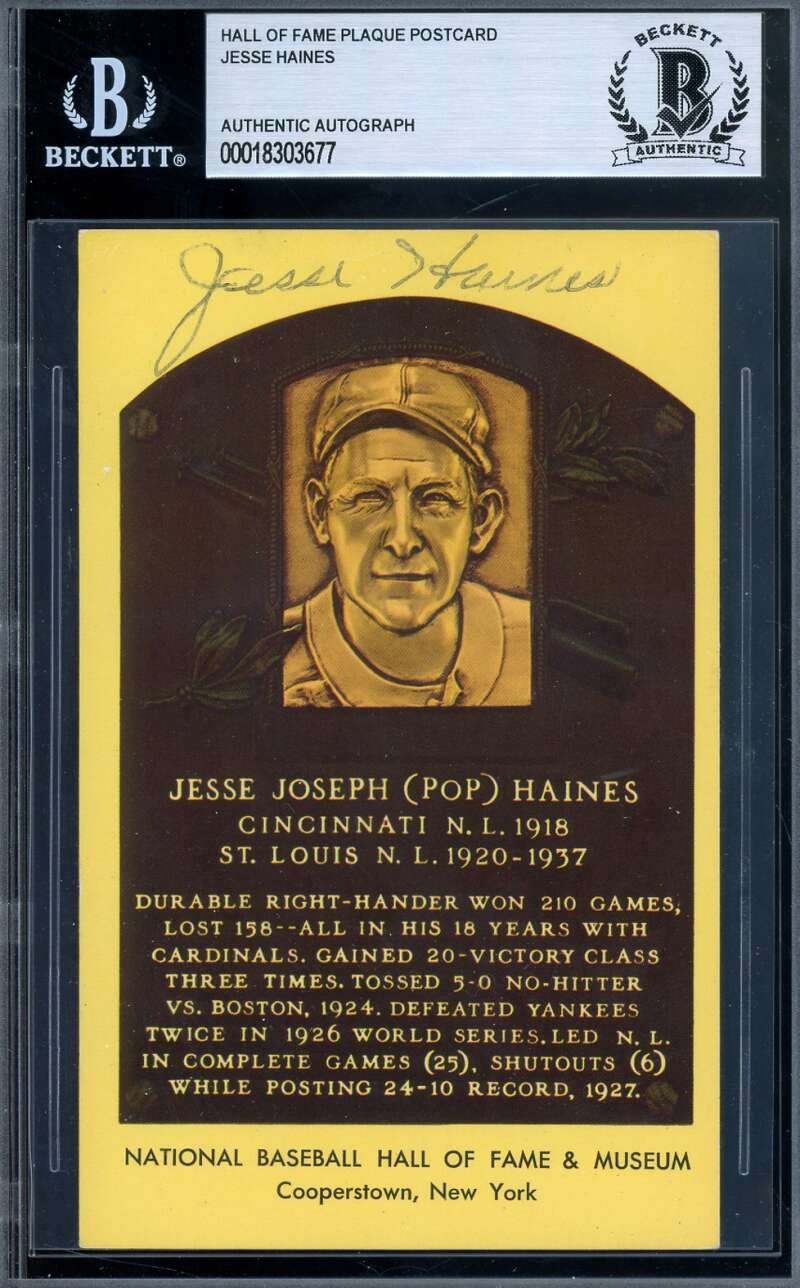 Jesse Haines Beckett BAS Signed Gold Hall of Fame Plaque Postcard Autograph