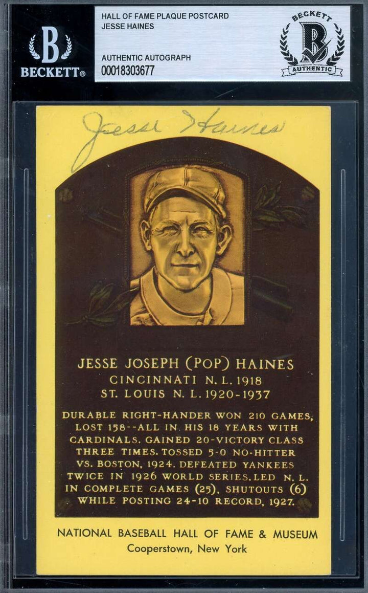 Jesse Haines Beckett BAS Signed Gold Hall of Fame Plaque Postcard Autograph