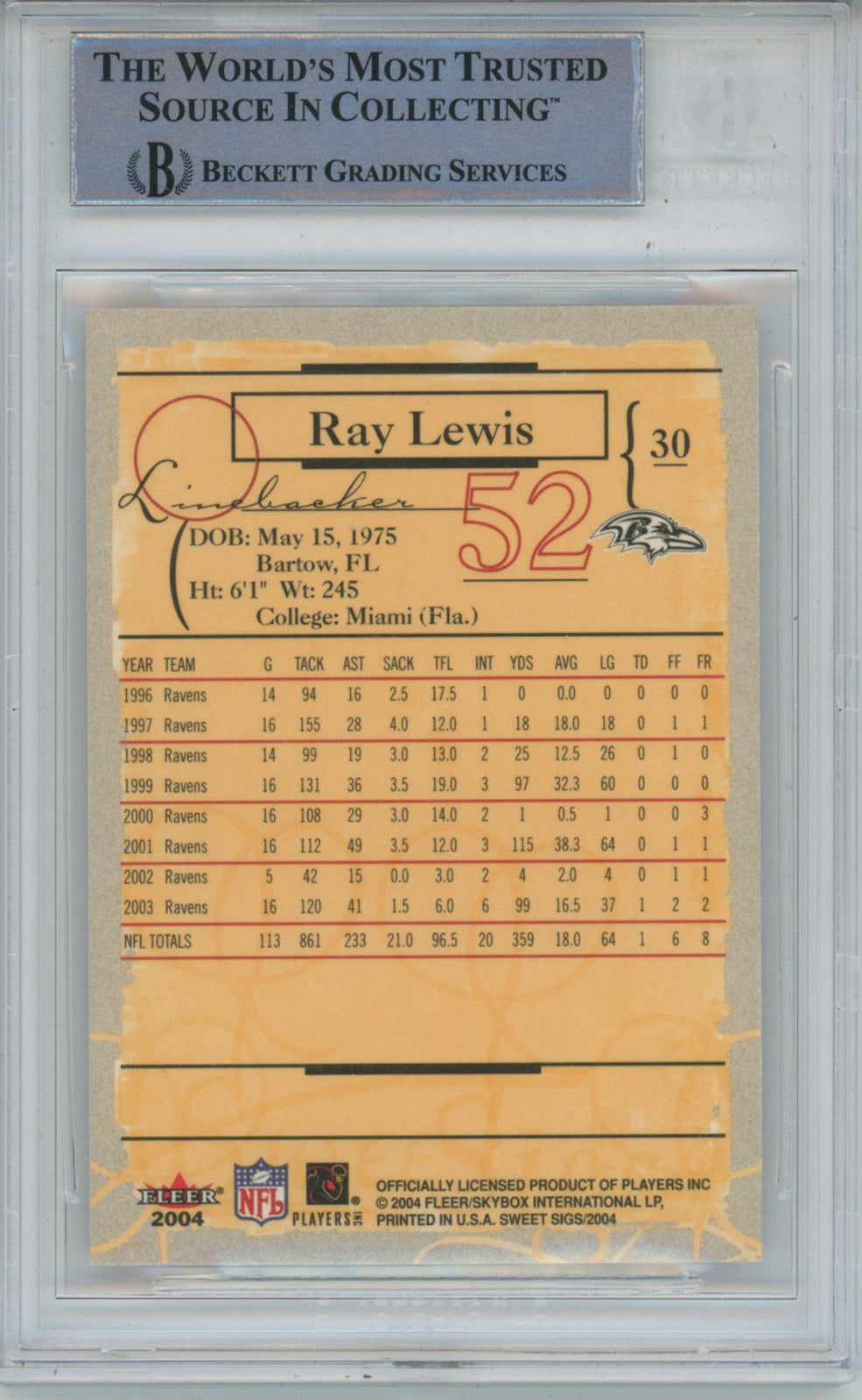 Ray Lewis Signed 2004 Fleer Sweet Sigs #30 Trading Card Beckett Slab 43355