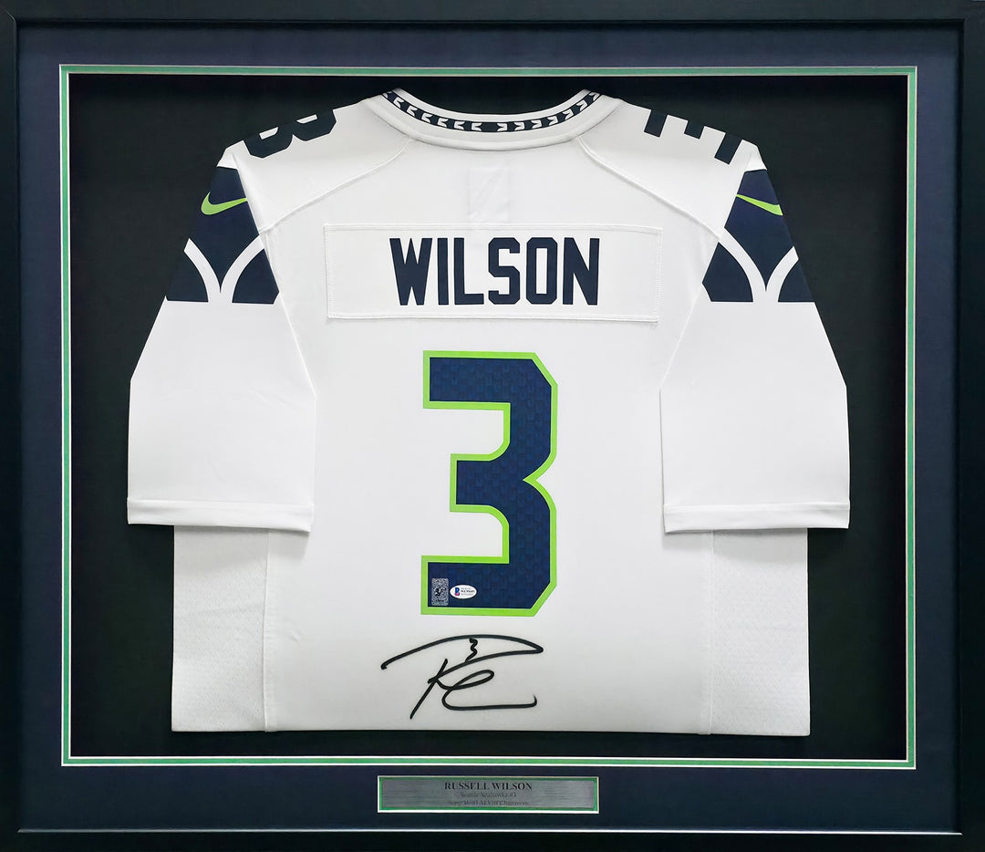 Russell Wilson Signed Seahawks Framed White Nike Jersey RW Holo BAS Witness