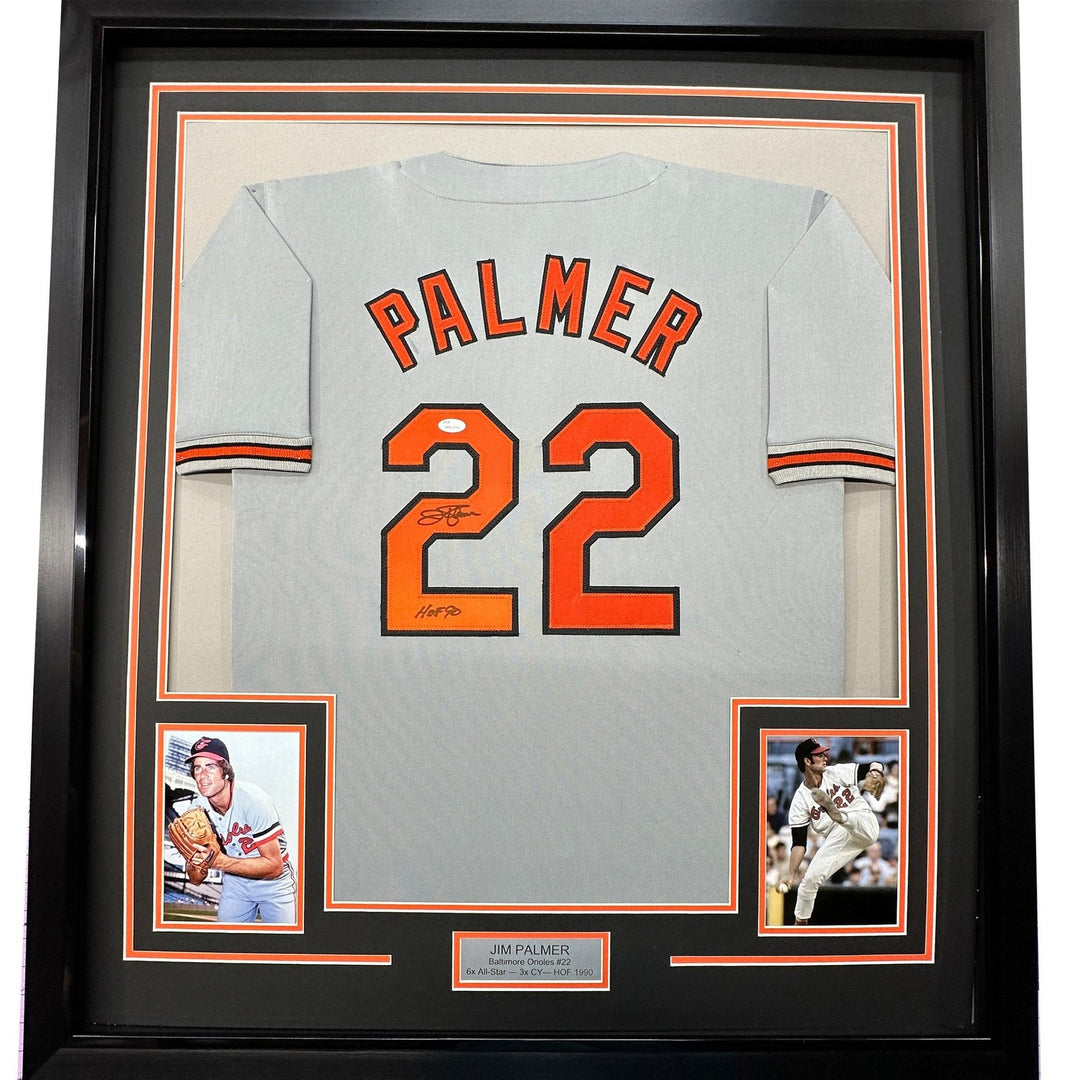 FRAMED Signed JIM PALMER 35x39 Baltimore Grey Jersey JSA COA Auto