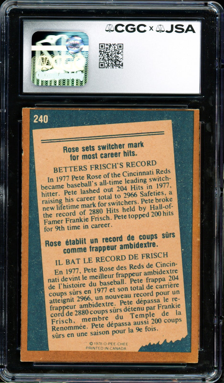 Pete Rose Signed 1978 O-Pee-Chee Card 240 Reds Auto GM 10 CGC x JSA