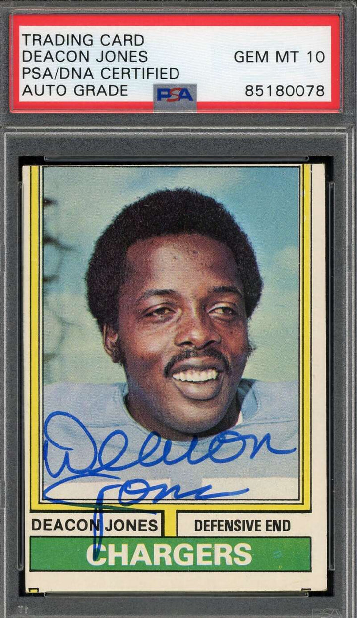 Deacon Jones Gem Mint 10 PSA DNA Signed 1974 Topps Autograph