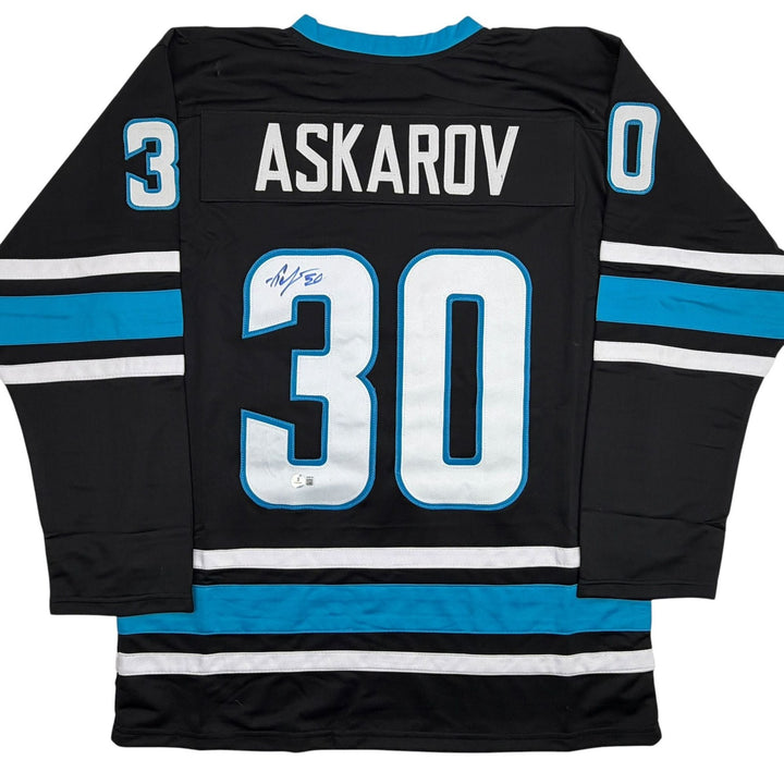 Autographed/Signed Yaroslav Askarov San Jose Black Hockey Jersey Beckett BAS COA