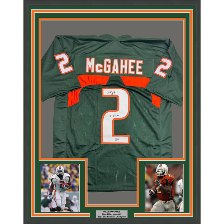 Framed Autographed/Signed Willis McGahee 35x3 Miami Green Jersey Beckett BAS COA