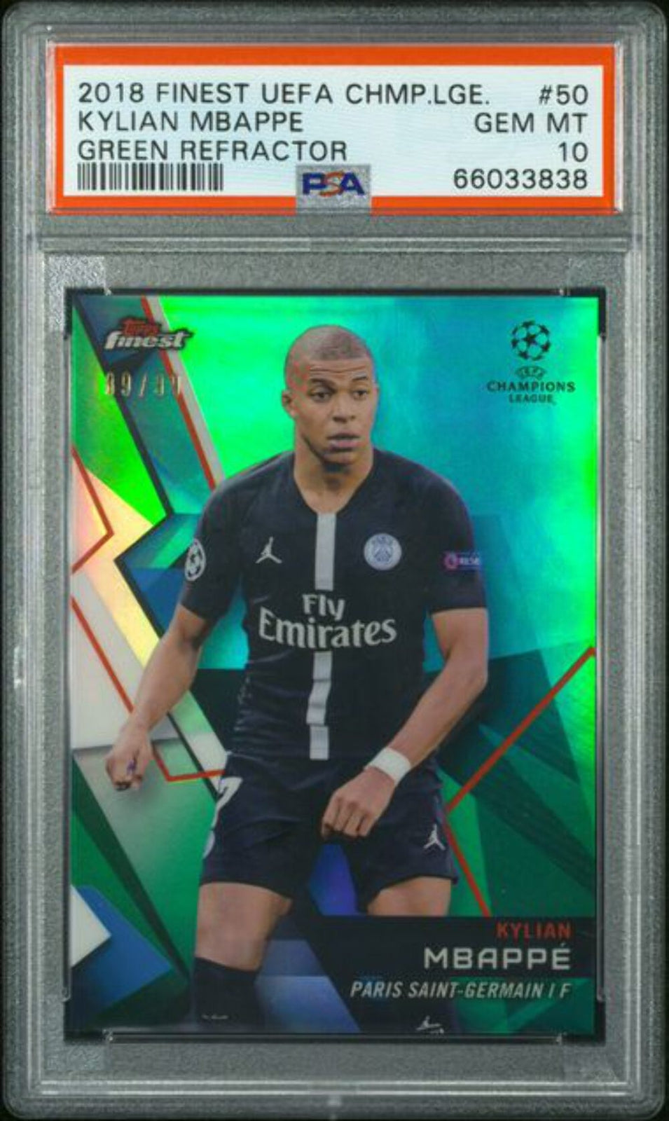 Graded 2018 Topps Finest UCL Kylian Mbappe #50 Green Refractor /99 Card PSA 10