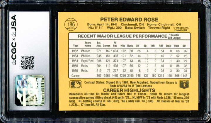 Pete Rose Autographed Signed 1987 Donruss Card 186 Cincinnati Reds CGC x JSA
