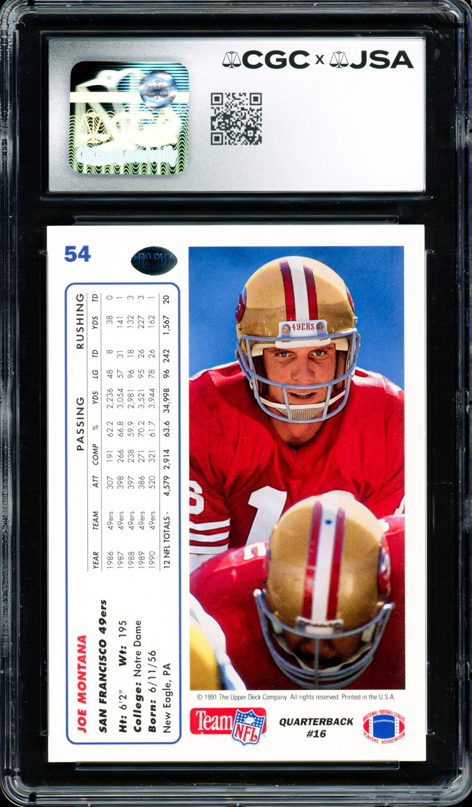 Joe Montana Signed 1991 Upper Deck Card 54 49ers Auto GM 10 CGC x JSA