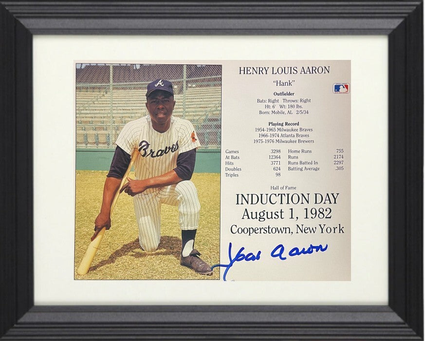 Hank Aaron signed Braves Hall of Fame Induction Day Photo/Card Framed COA/Ticket
