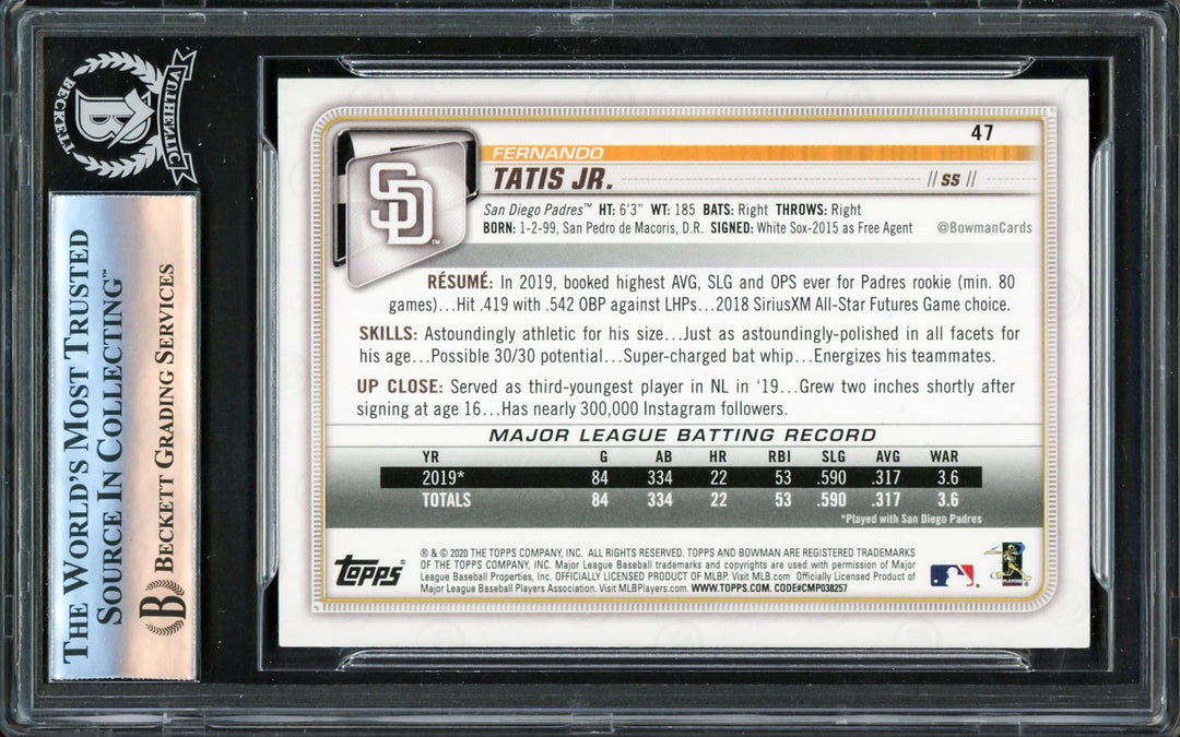 Fernando Tatis Jr. Signed 2020 Bowman Card #47 San Diego Padres Beckett