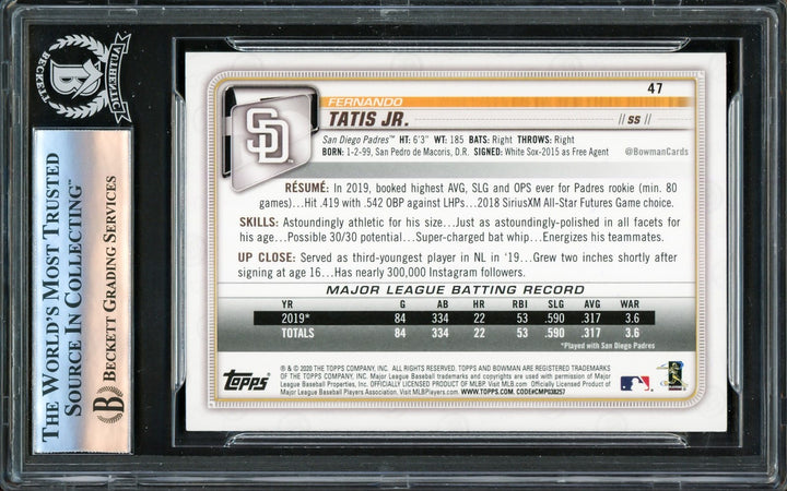Fernando Tatis Jr. Signed 2020 Bowman Card #47 San Diego Padres Beckett