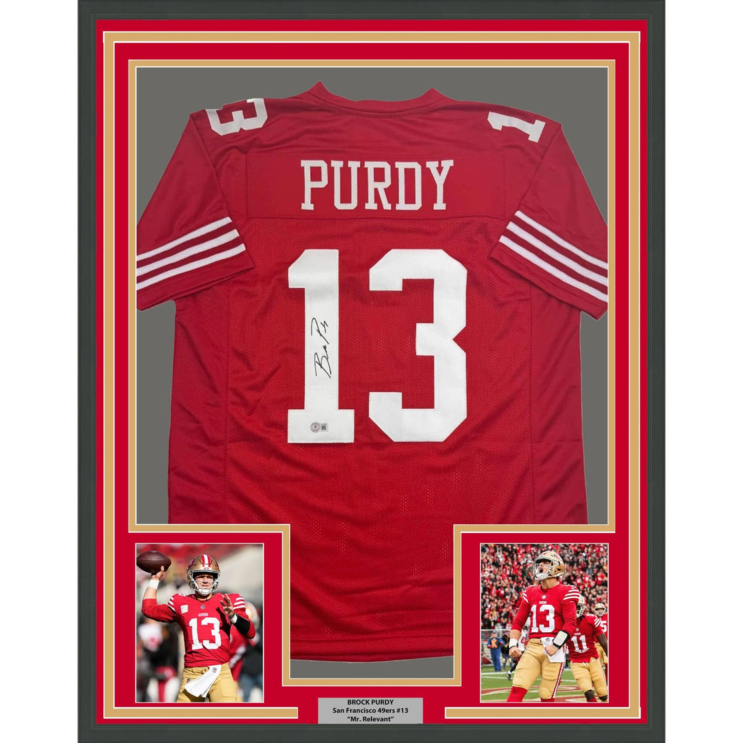 Framed Signed Brock Purdy 35x39 San Francisco Red Jersey BAS COA