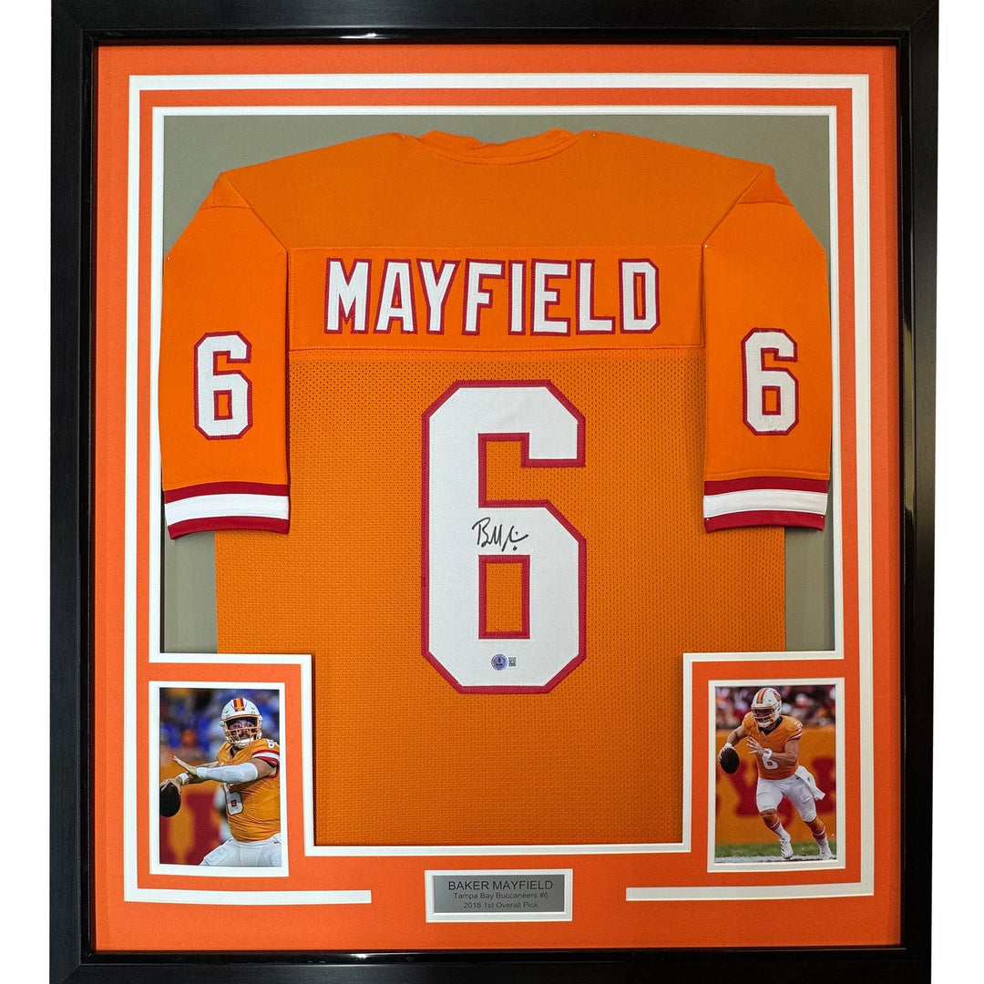 Framed Autographed/Signed Baker Mayfield 35x39 Tampa Bay Orange Jersey COA