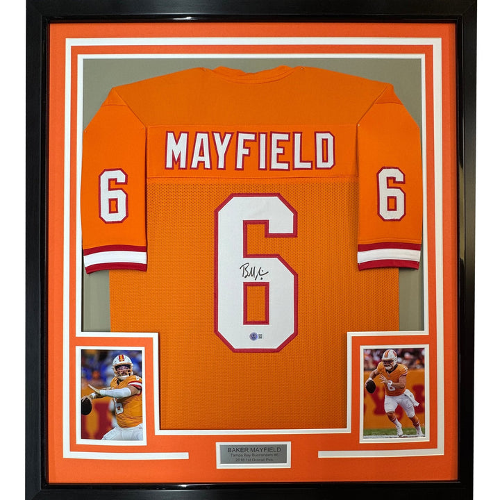 Framed Autographed/Signed Baker Mayfield 35x39 Tampa Bay Orange Jersey COA