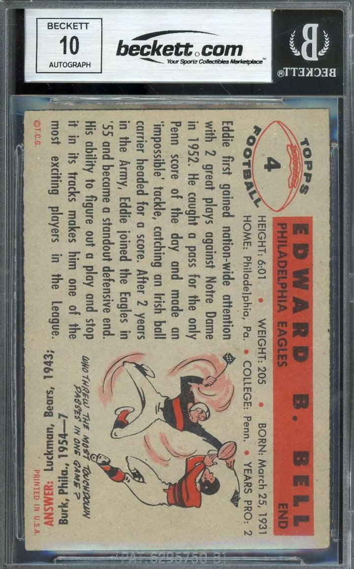 Eddie Bell Gem Mint 10 Beckett BAS Signed 1956 Topps Autograph