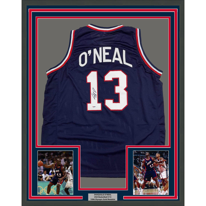 Framed Autographed/Signed Shaquille Shaq O'Neal 35x39 USA Blue Jersey PSA COA