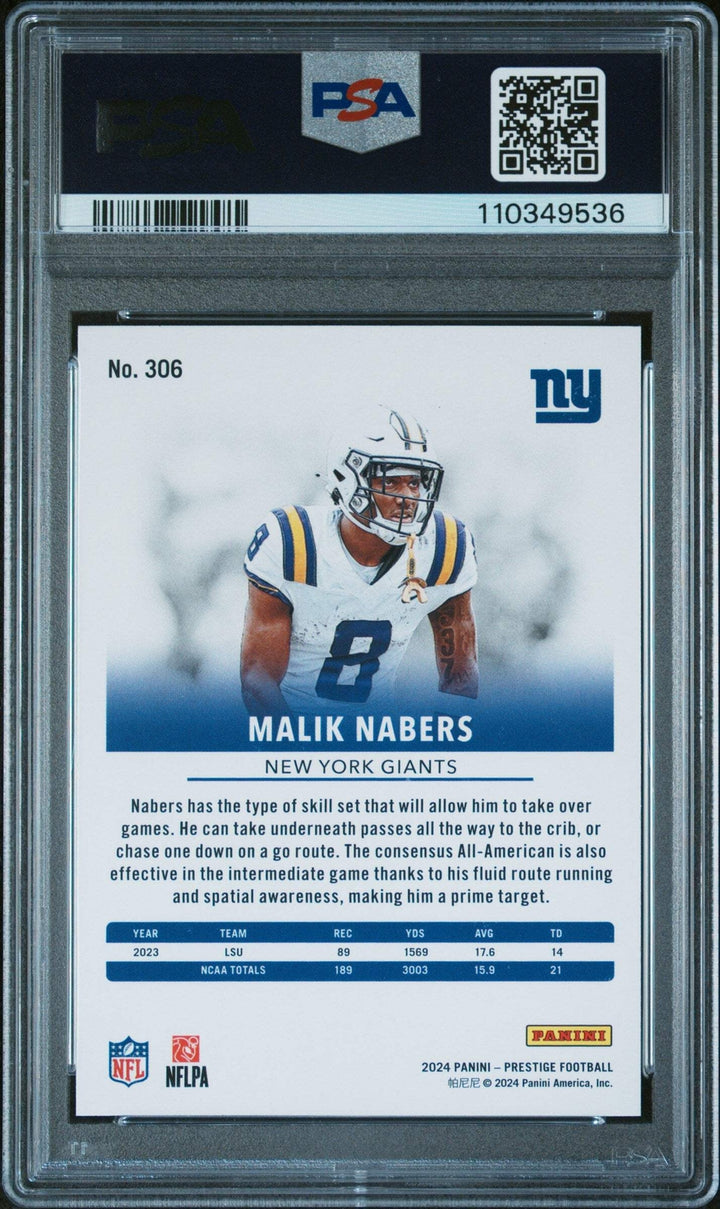 Graded 2024 Prestige Malik Nabers #306 Hyper Xtra Points RC Football Card PSA 10