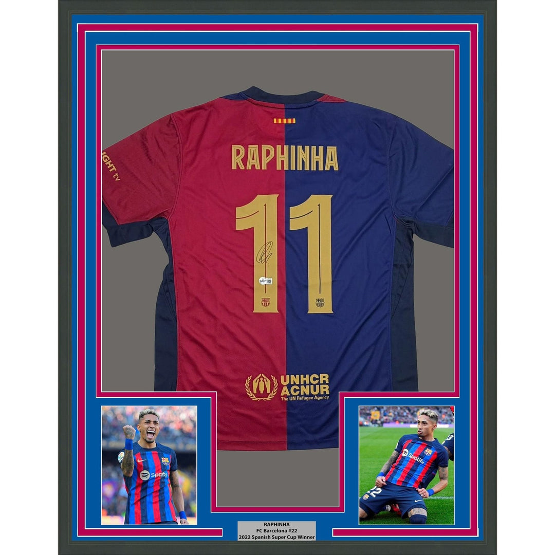 Framed Autographed/Signed Raphinha 35x39 FC Barcelona #11 Jersey BAS COA