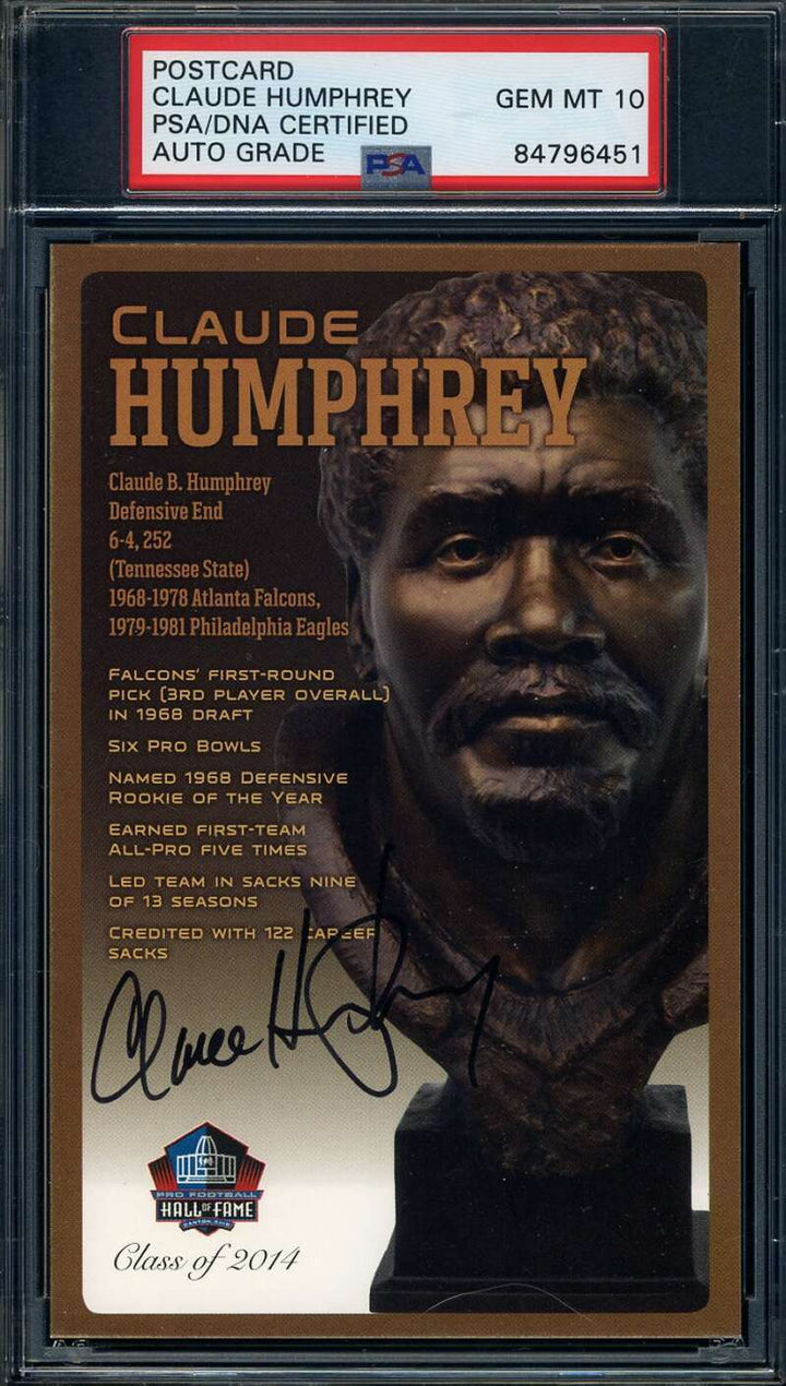 Claude Humphrey Gem Mint 10 PSA DNA Signed HOF Bronze Bust Postcard Autograph