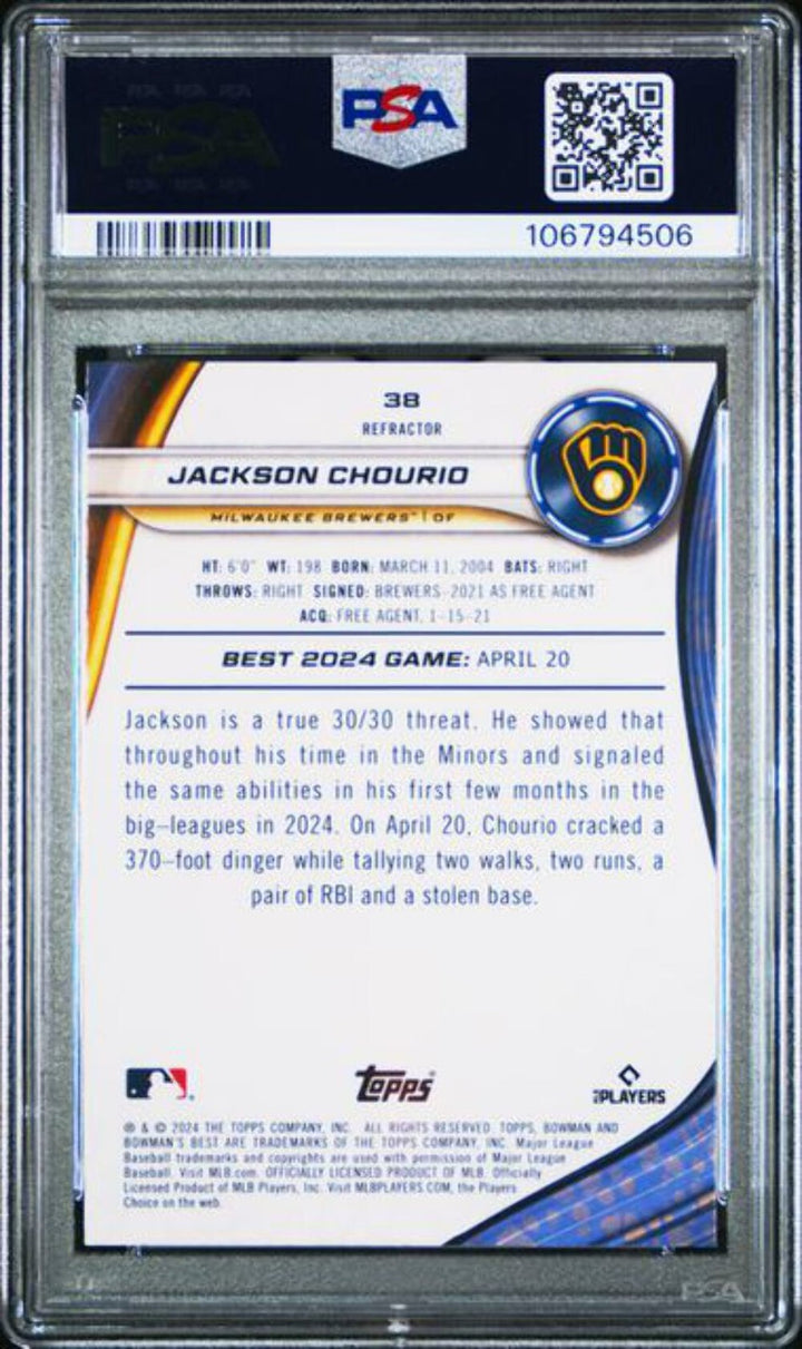 Graded 2024 Topps Bowmans Best Refractor Jackson Chourio Rookie RC Card PSA 10
