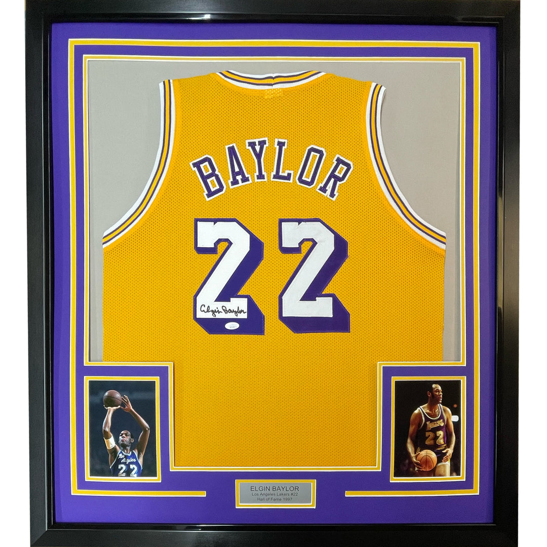 Framed Autographed/Signed Elgin Baylor 33x42 Los Angeles Yellow Jersey JSA COA