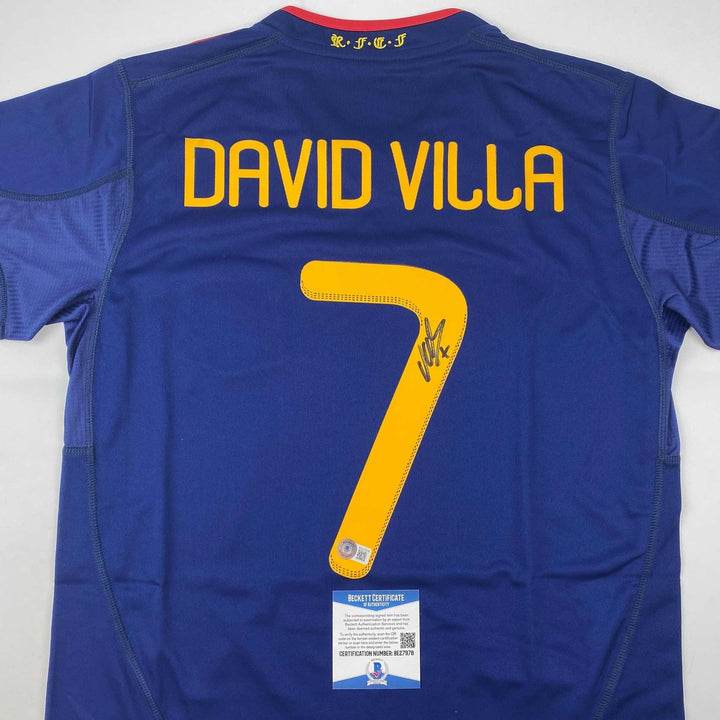 Autographed/Signed David Villa Spain Blue World Cup Jersey Beckett BAS COA