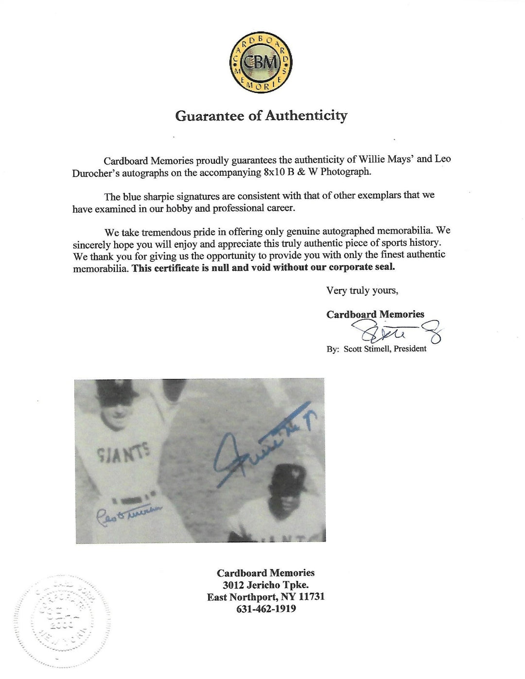 Willie Mays Leo Durocher signed Opening Day HR 8x10 photo framed 2 auto CBM COA