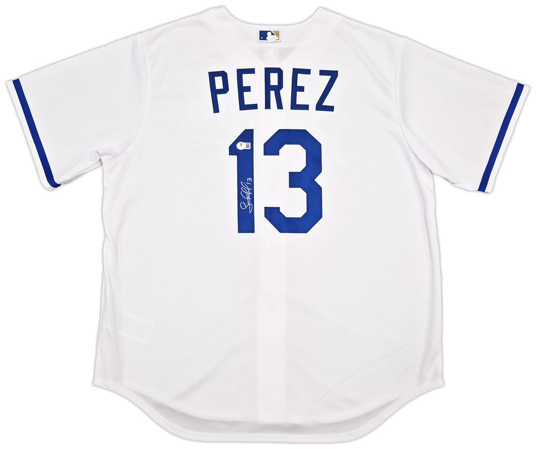 Kansas City Royals Salvador Perez Signed White Nike Jersey Size XL Beckett Wit