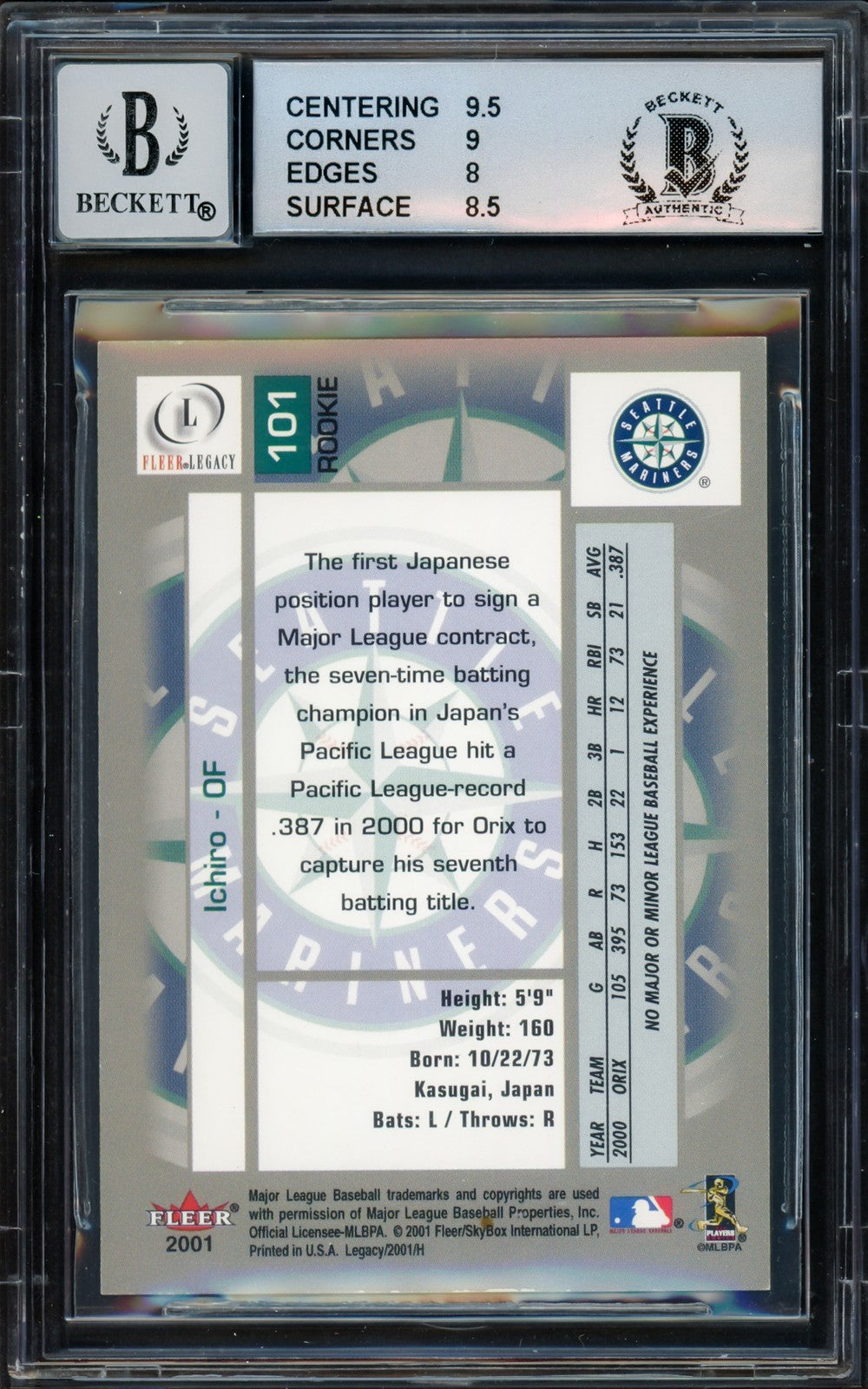 Ichiro Suzuki Signed 2001 Fleer Legacy RC 101 BGS 8.5 Sig 10 #261/799 Beckett