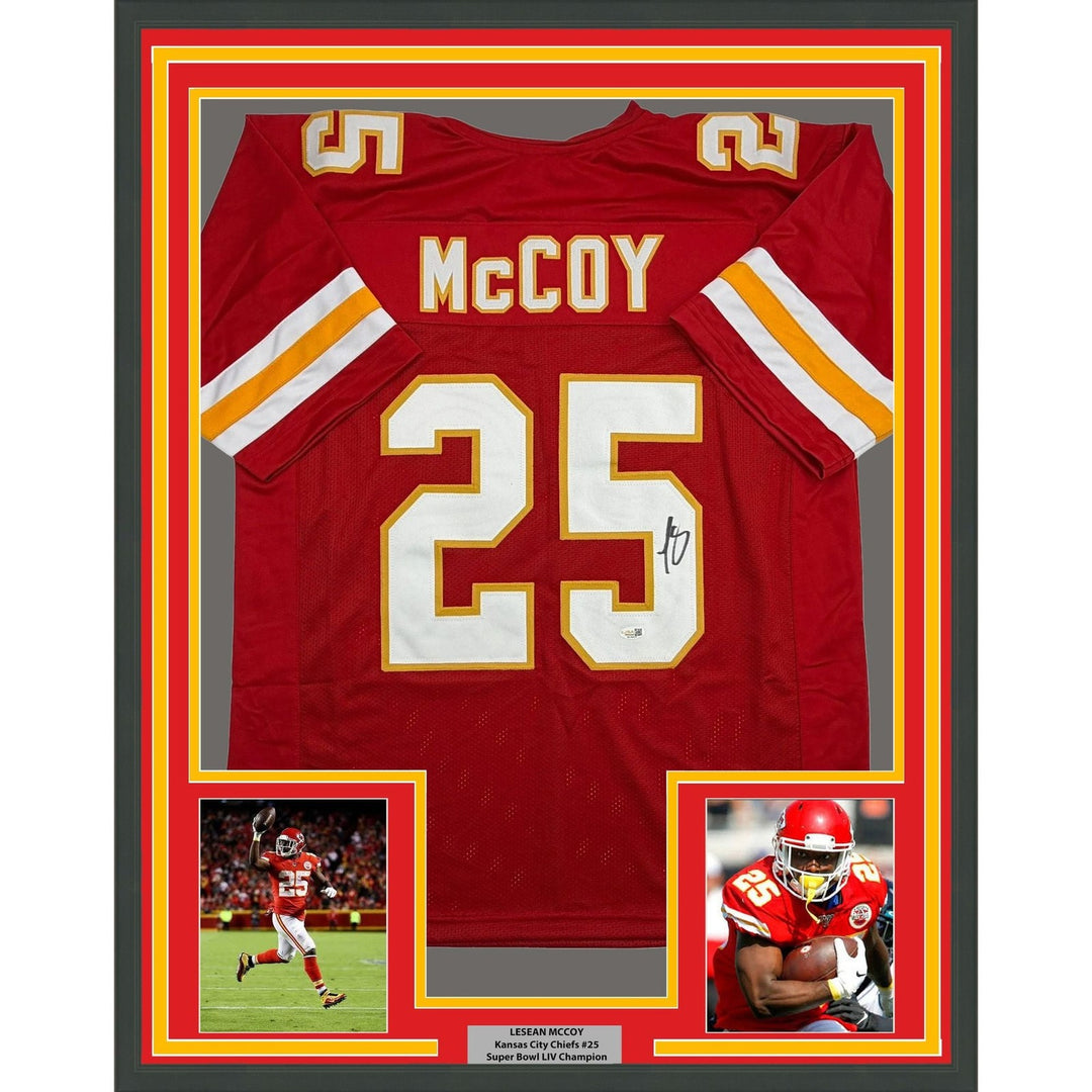 Framed Autographed/Signed LeSean McCoy 35x39 Kansas City Red Jersey JSA COA