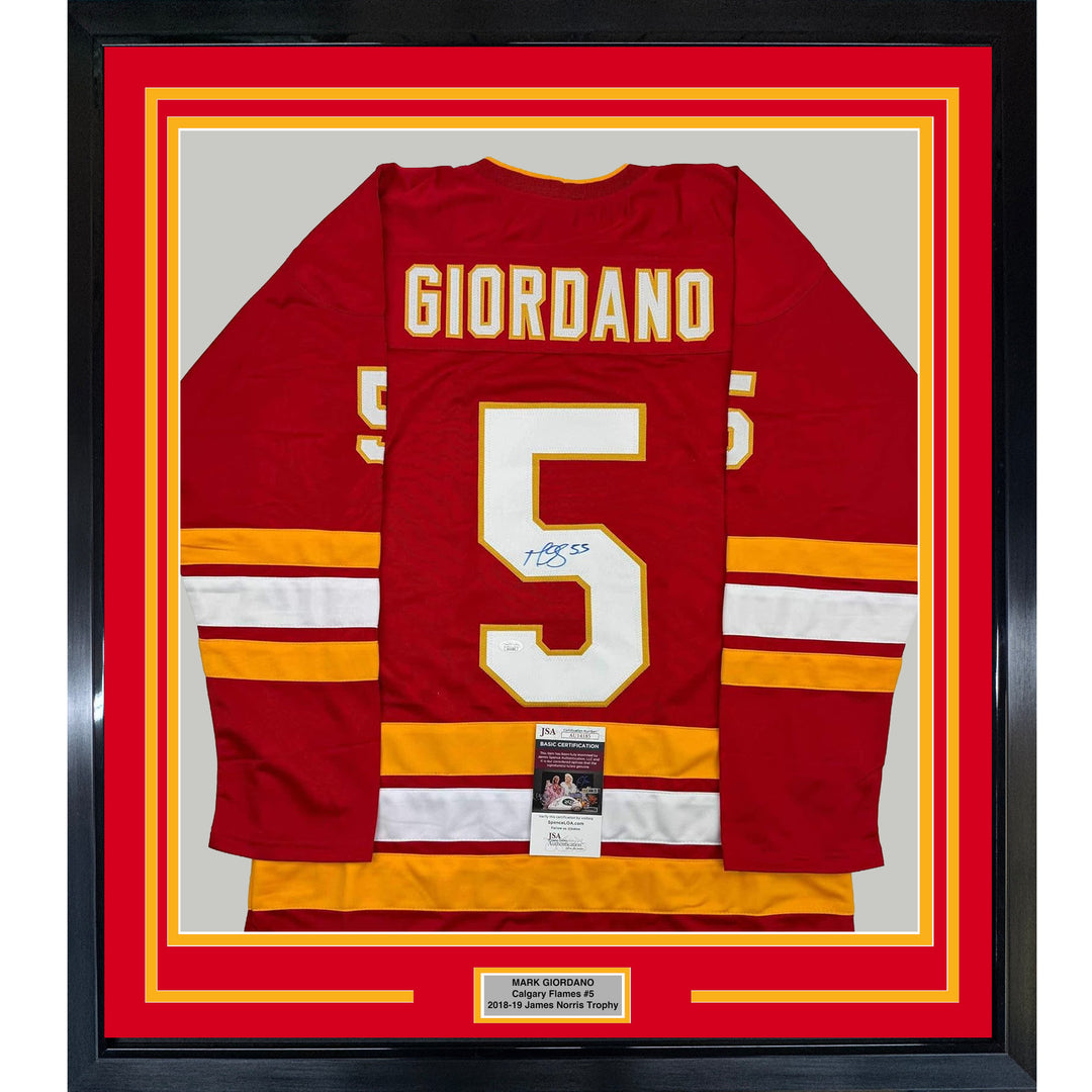 Framed Autographed/Signed Mark Giordano 35x39 Calgary Red Hockey Jersey JSA COA