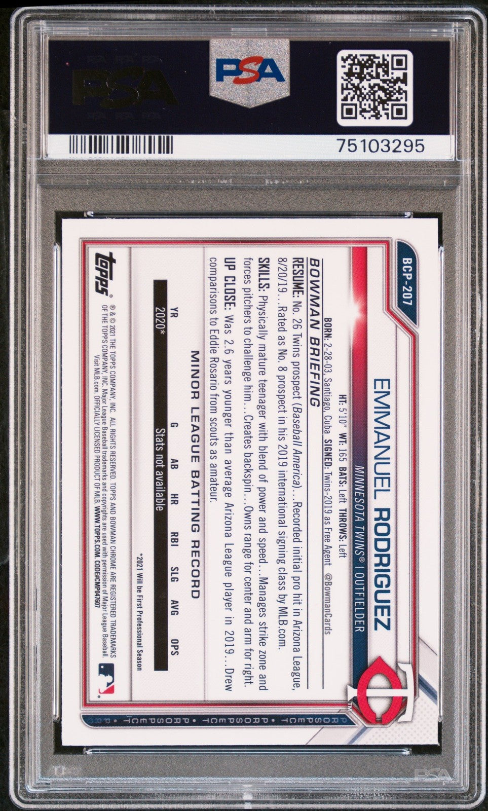 Graded 2021 Bowman Chrome Emmanuel Rodriguez #BCP207 RC Card PSA 10