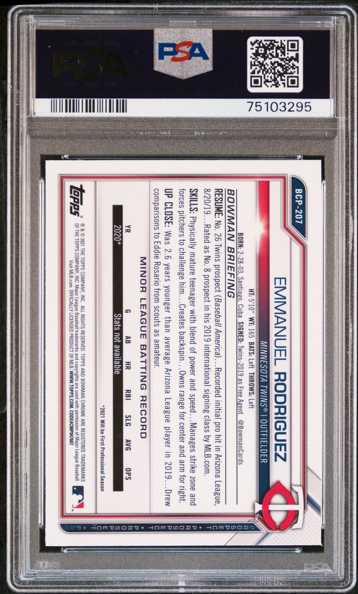 Graded 2021 Bowman Chrome Emmanuel Rodriguez #BCP207 RC Card PSA 10