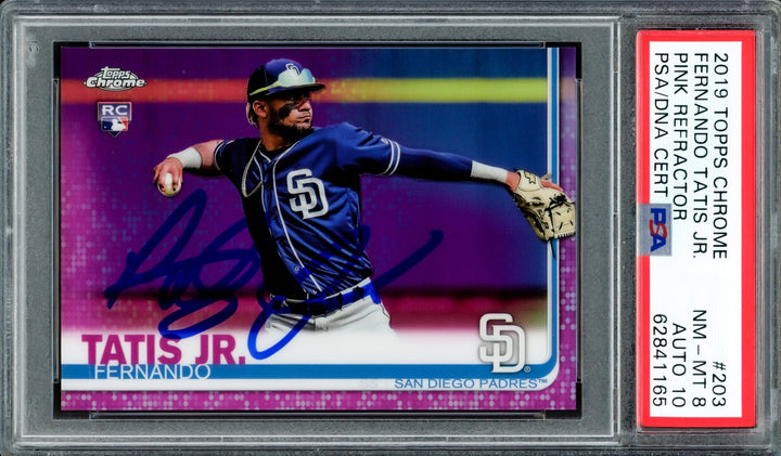 Fernando Tatis Jr Auto 2019 Topps Chrome Pink Refractor RC 203 PSA 8 Sig 10 DNA