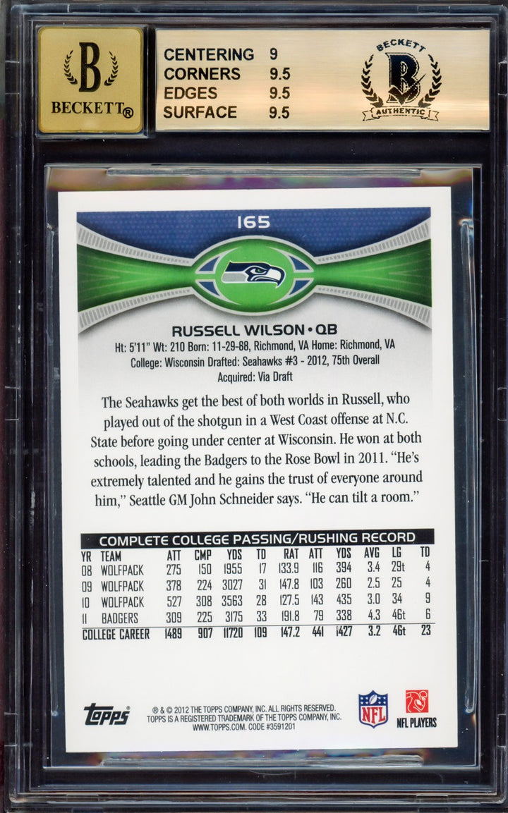 Russell Wilson Signed 2012 Topps RC 165A Seahawks BGS 9.5 Auto GM 10 Beckett