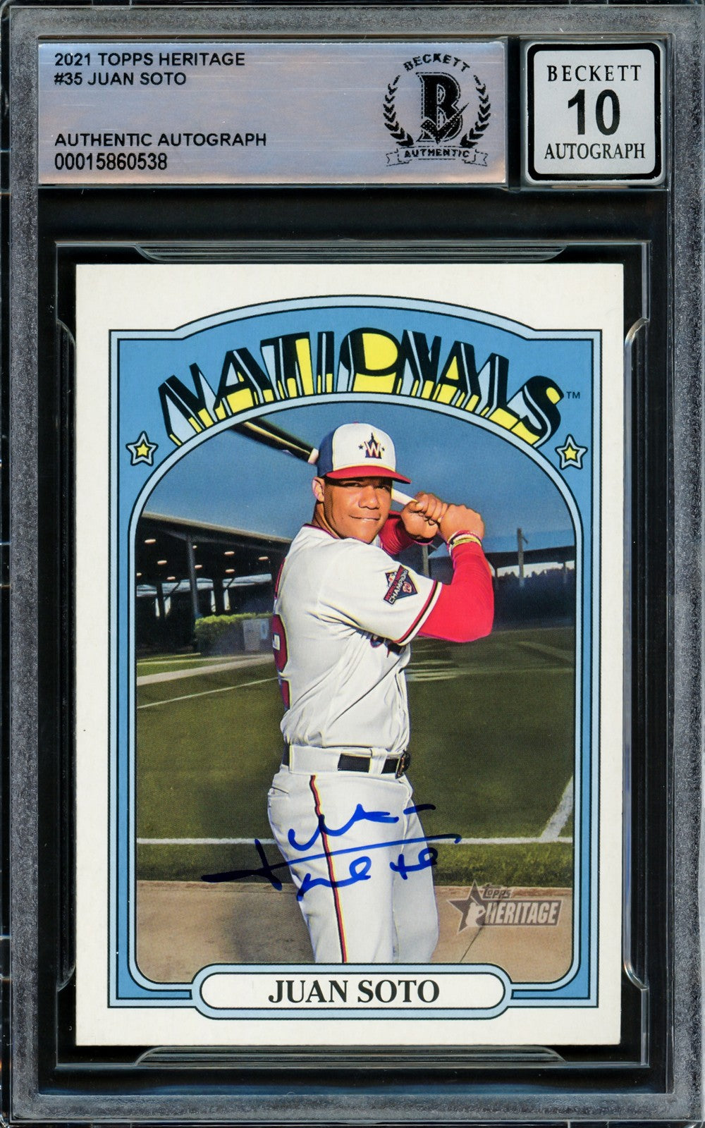 Juan Soto Signed 2021 Topps Heritage Card 35 New York Mets Auto GM 10 Beckett