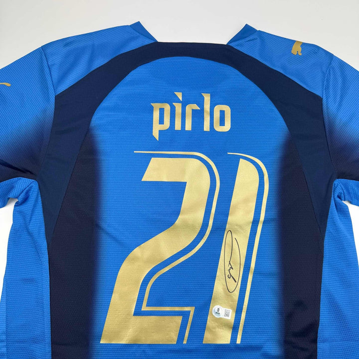 Autographed/Signed Andrea Pirlo Italy Blue Futbol Jersey Beckett BAS COA