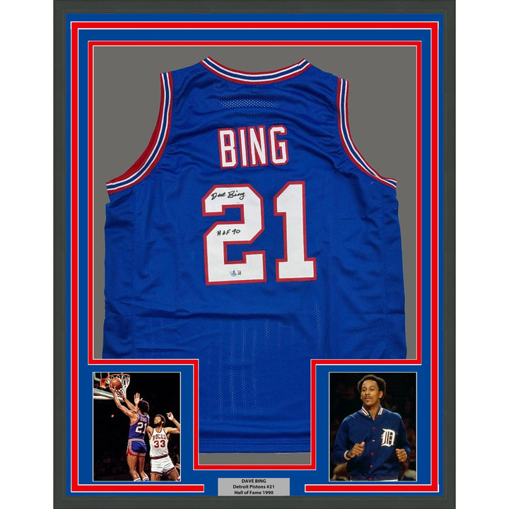 Framed Signed Dave Bing 35x39 HOF 90 Detroit Blue Jersey Beckett COA
