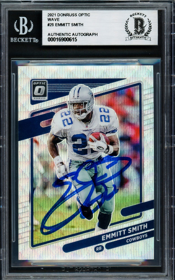 Emmitt Smith Signed 2021 Donruss Optic Wave Card 25 Dallas Cowboys #/299 Beckett