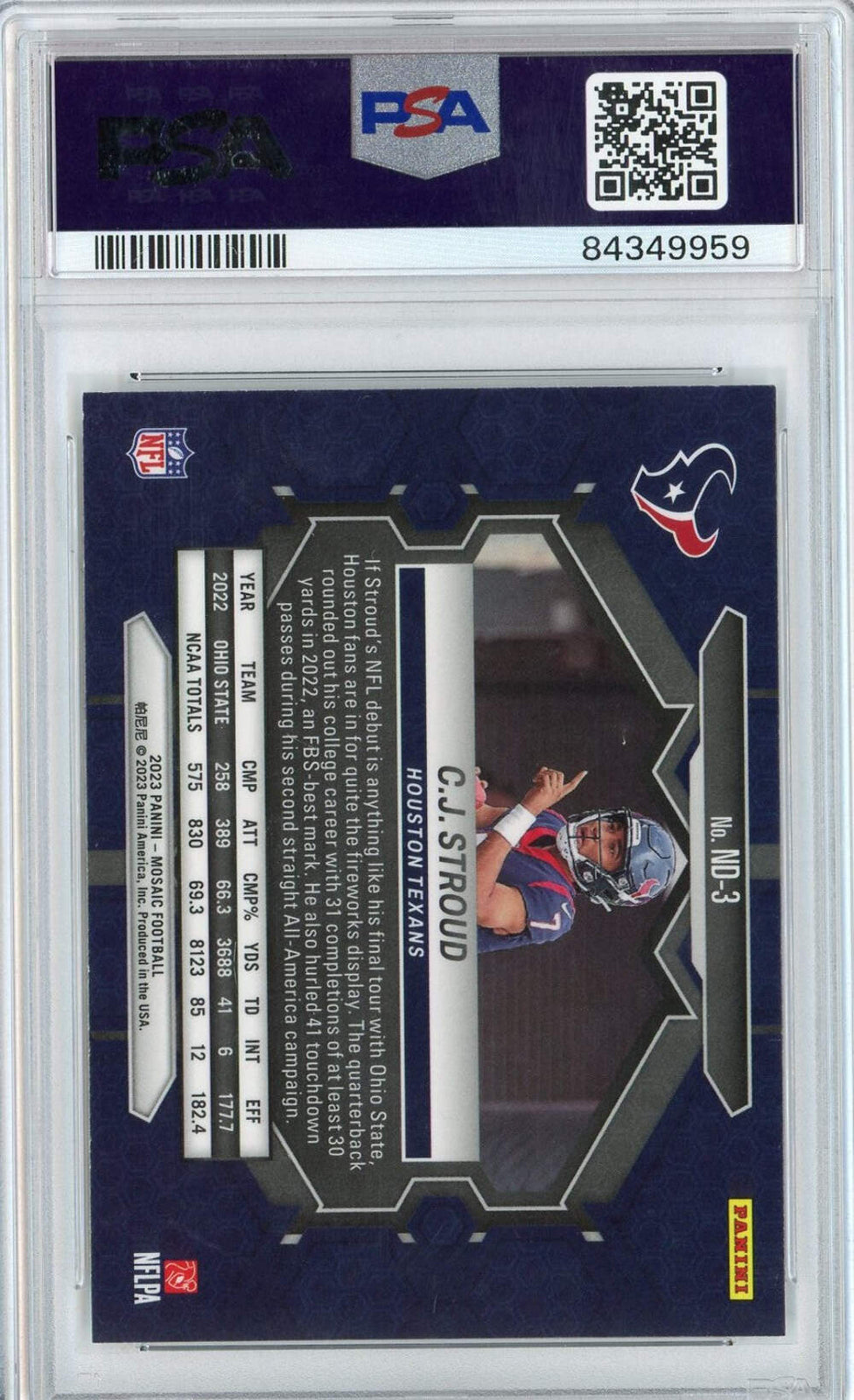 Graded 2023 Mosaic C.J. Stroud #ND3 NFL Debut Rookie RC Football Card PSA 10