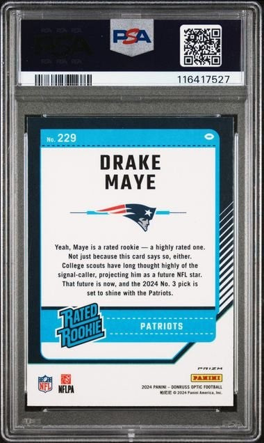 Graded 2024 Panini Donruss Optic Holo Drake Maye #229 Rookie RC Card PSA 9