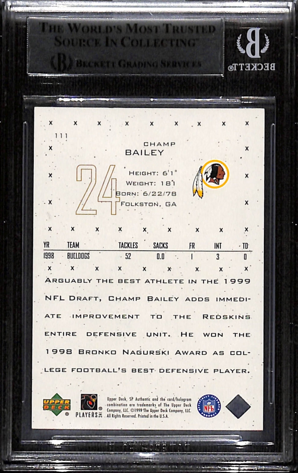 Champ Bailey Signed 1999 Upper Deck SP #111 Trading Card Beckett 43866