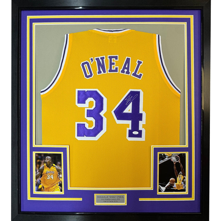 Framed Autographed/Signed Shaquille Shaq O'Neal 35x39 LA Yellow Jersey COA