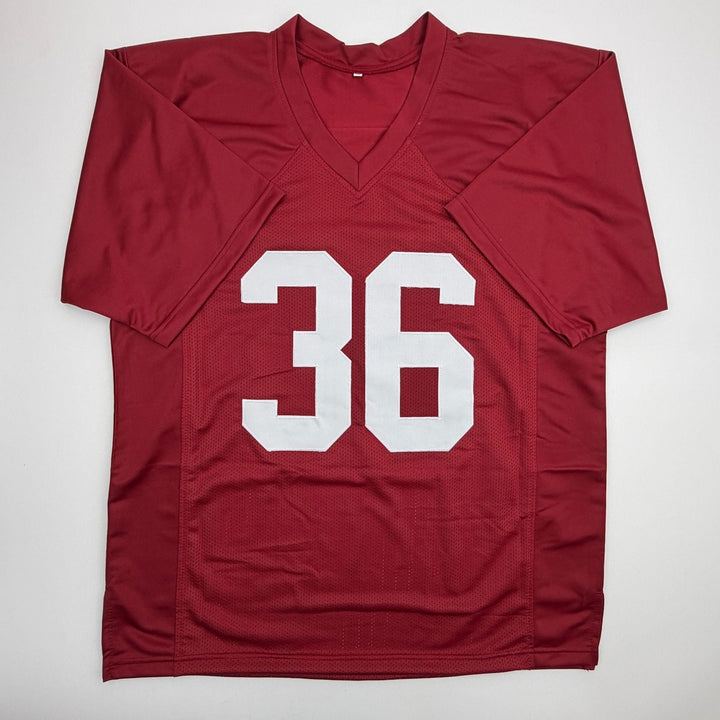 Autographed/Signed Steve Owens 69 Heisman Oklahoma Maroon Jersey Beckett BAS COA