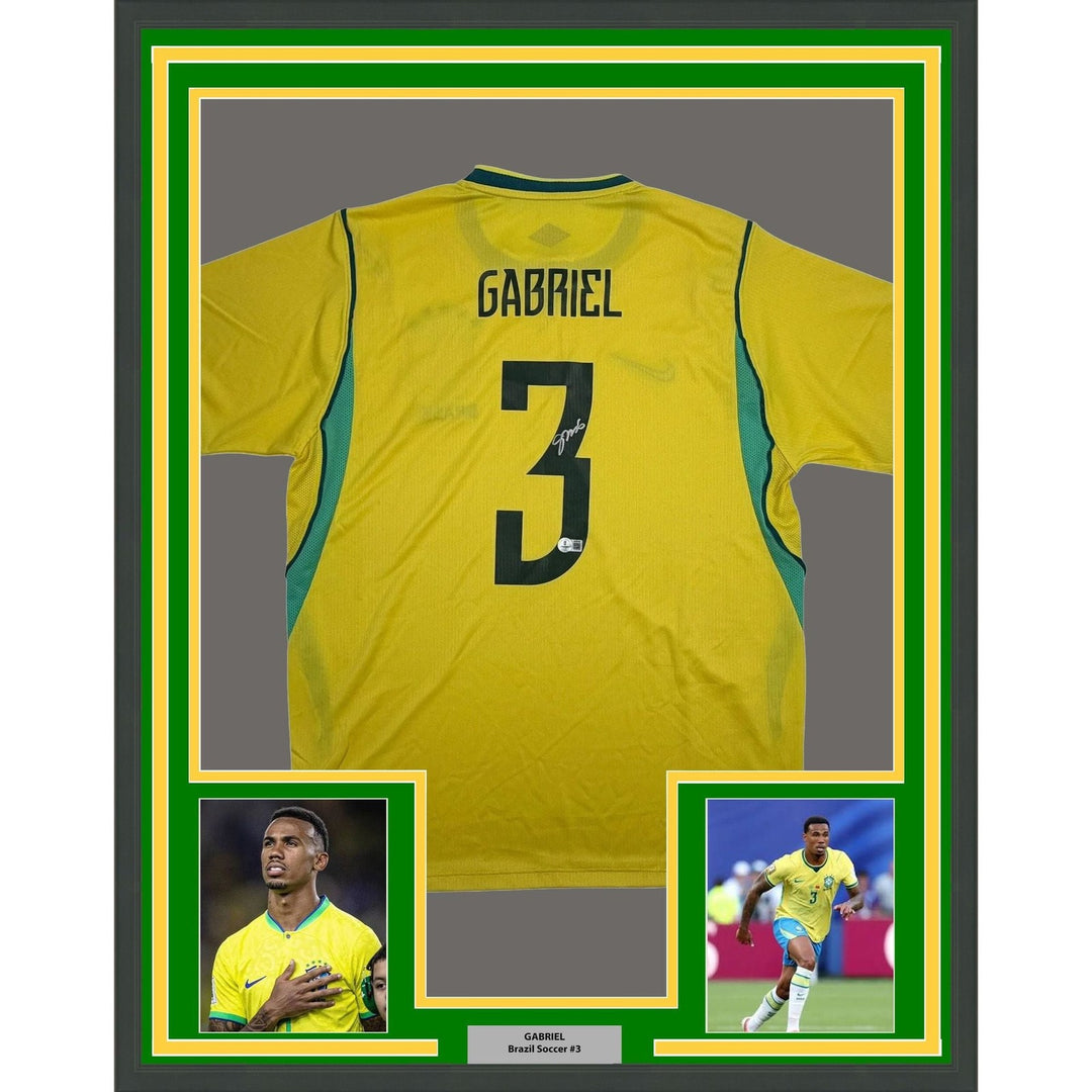 Framed Autographed/Signed Gabriel 35x39 Brazil Yellow Jersey Beckett COA