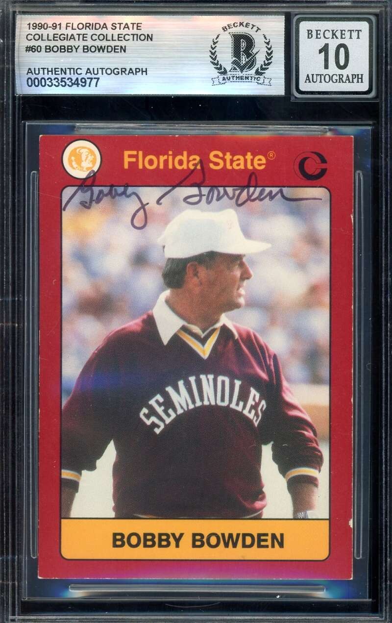 Bobby Bowden Gem Mint 10 Beckett BAS Signed 1990 FSU College Collection Rookie