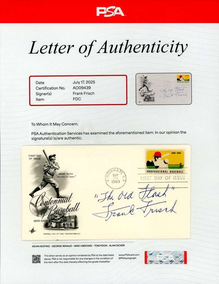 Frank Frisch PSA DNA Signed 1969 First Day Cover Cache FDC Autograph